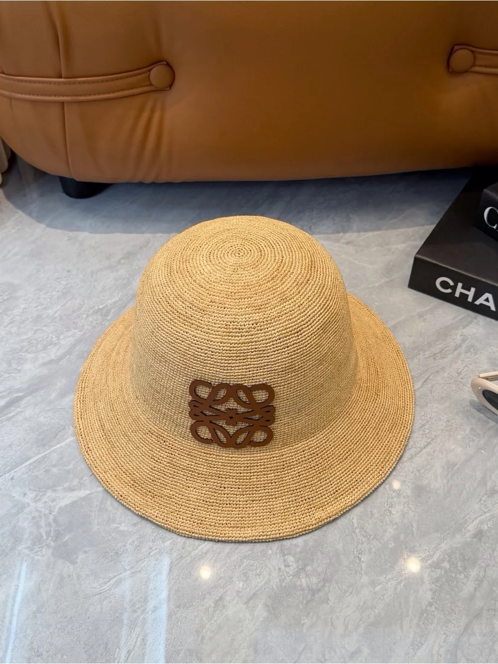 Loewe Tan Straw Bucket Hat with Leather Anagram Accent